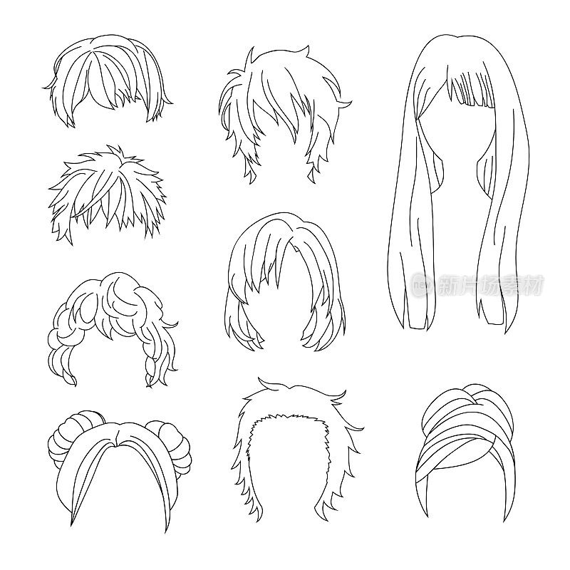 Collection Hairstyle for men and Woman Hair Drawing Set 2。